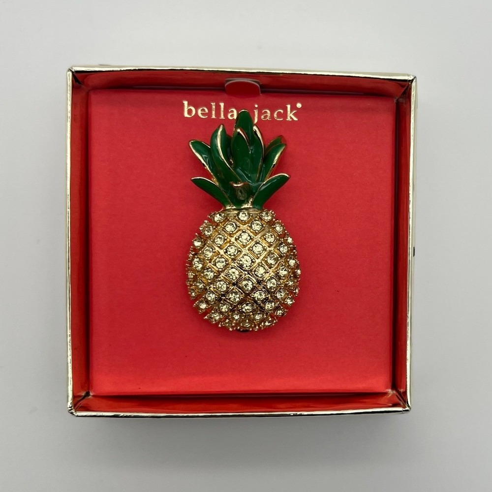Bella Jack Pineapple Brooch Pin Gold Tone Rhinestone Green Enamel Tropical NIB